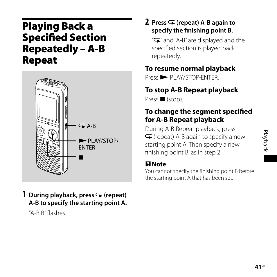 Playing back a specified section, Repeatedly – a-b repeat | Sony ICD-PX720 User Manual | Page 41 / 96