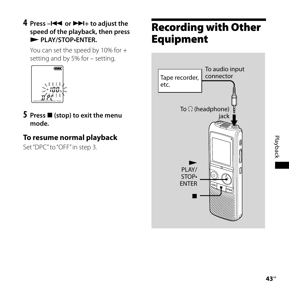 Recording with other equipment | Sony ICD-PX720 User Manual | Page 43 / 96