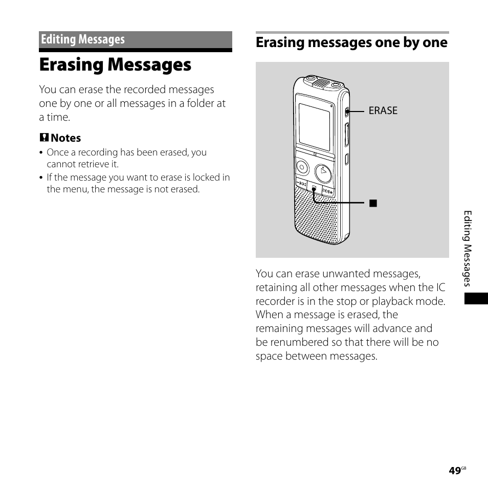 Editing messages, Erasing messages, Erasing messages one by one | Sony ICD-PX720 User Manual | Page 49 / 96