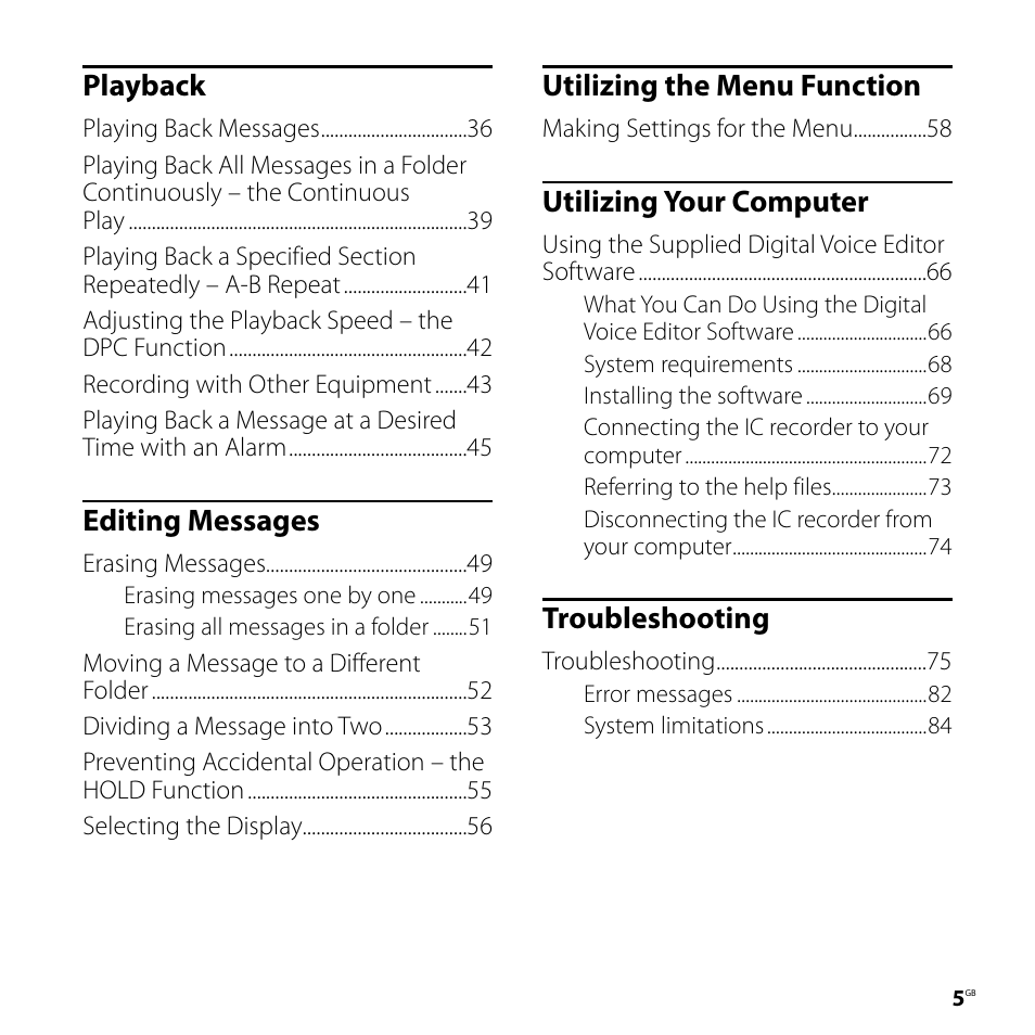 Playback, Editing messages, Utilizing the menu function | Utilizing your computer, Troubleshooting | Sony ICD-PX720 User Manual | Page 5 / 96