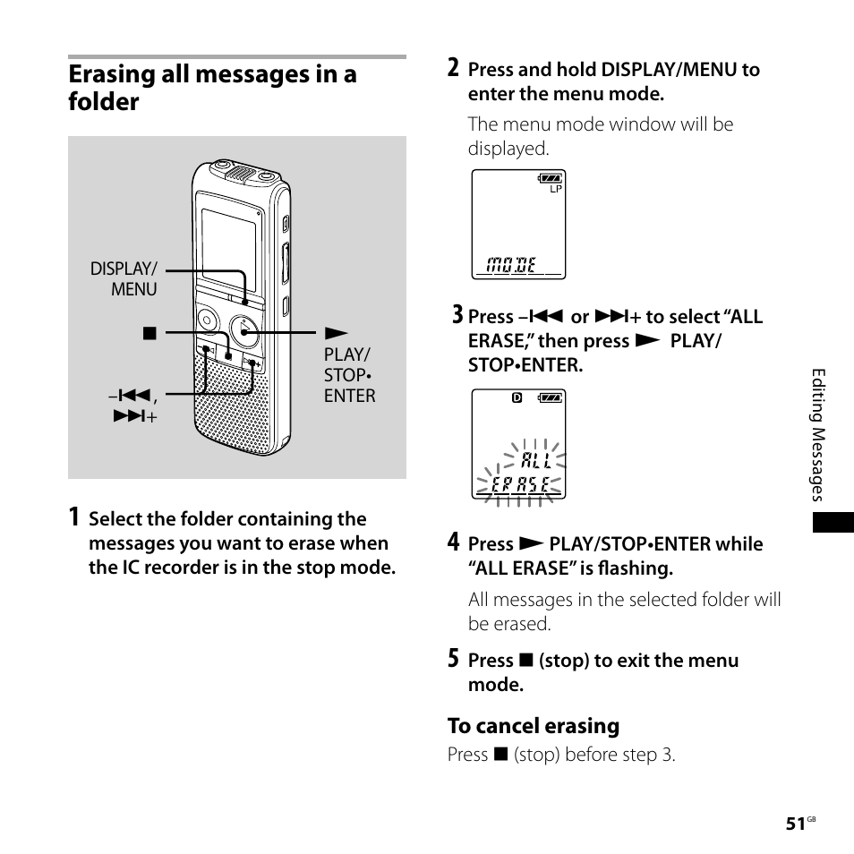 Erasing all messages in a folder | Sony ICD-PX720 User Manual | Page 51 / 96
