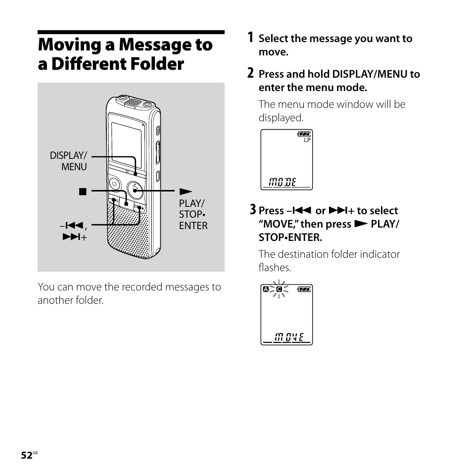 Moving a message to a different folder, Moving a message to a different, Folder | Sony ICD-PX720 User Manual | Page 52 / 96