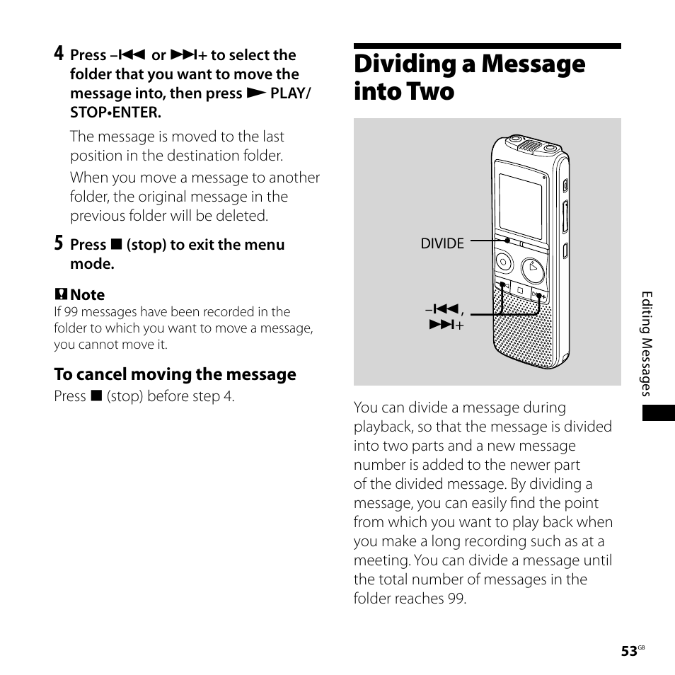 Dividing a message into two | Sony ICD-PX720 User Manual | Page 53 / 96