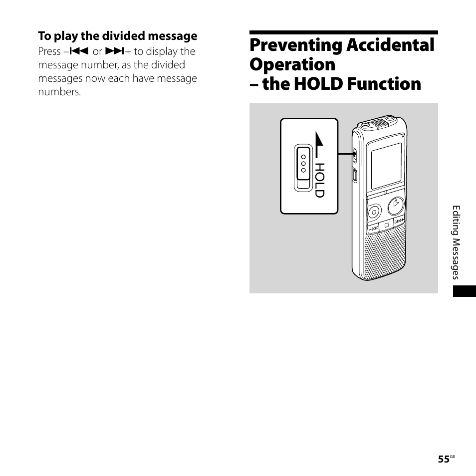 Preventing accidental operation – the, Hold function | Sony ICD-PX720 User Manual | Page 55 / 96