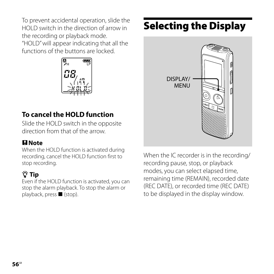 Selecting the display | Sony ICD-PX720 User Manual | Page 56 / 96