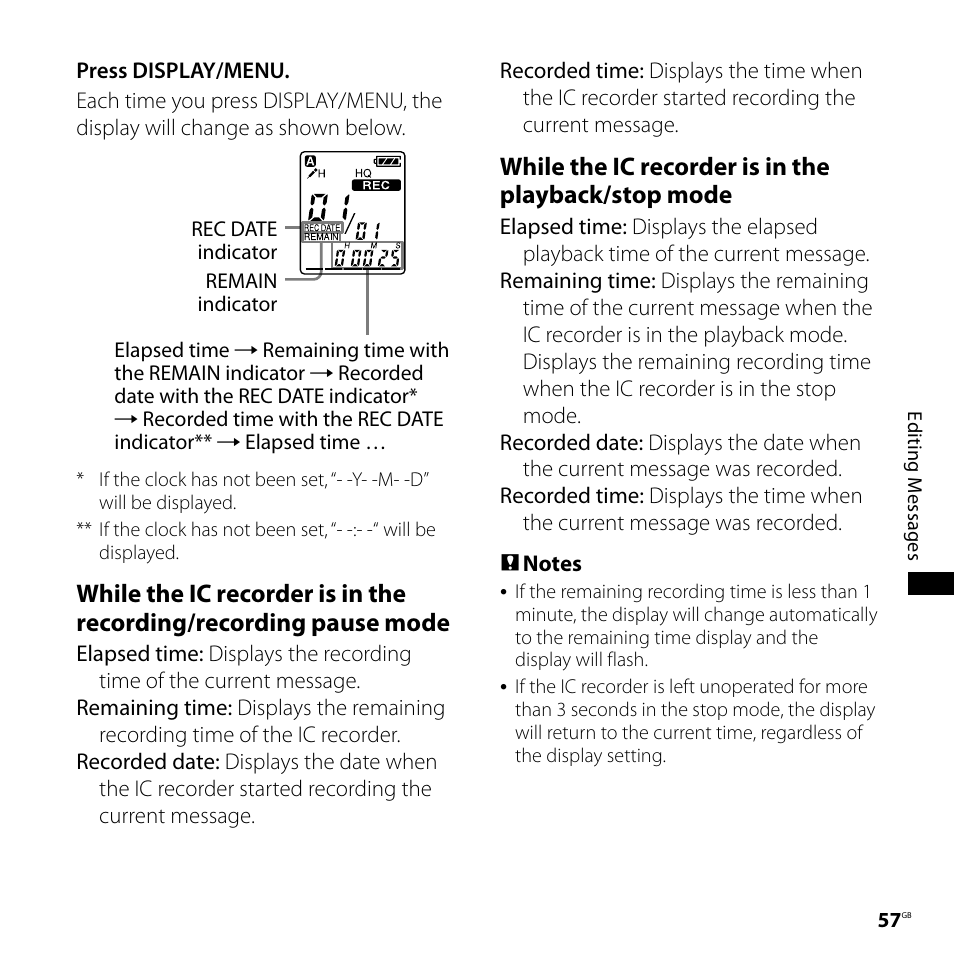 While the ic recorder is in the playback/stop mode | Sony ICD-PX720 User Manual | Page 57 / 96