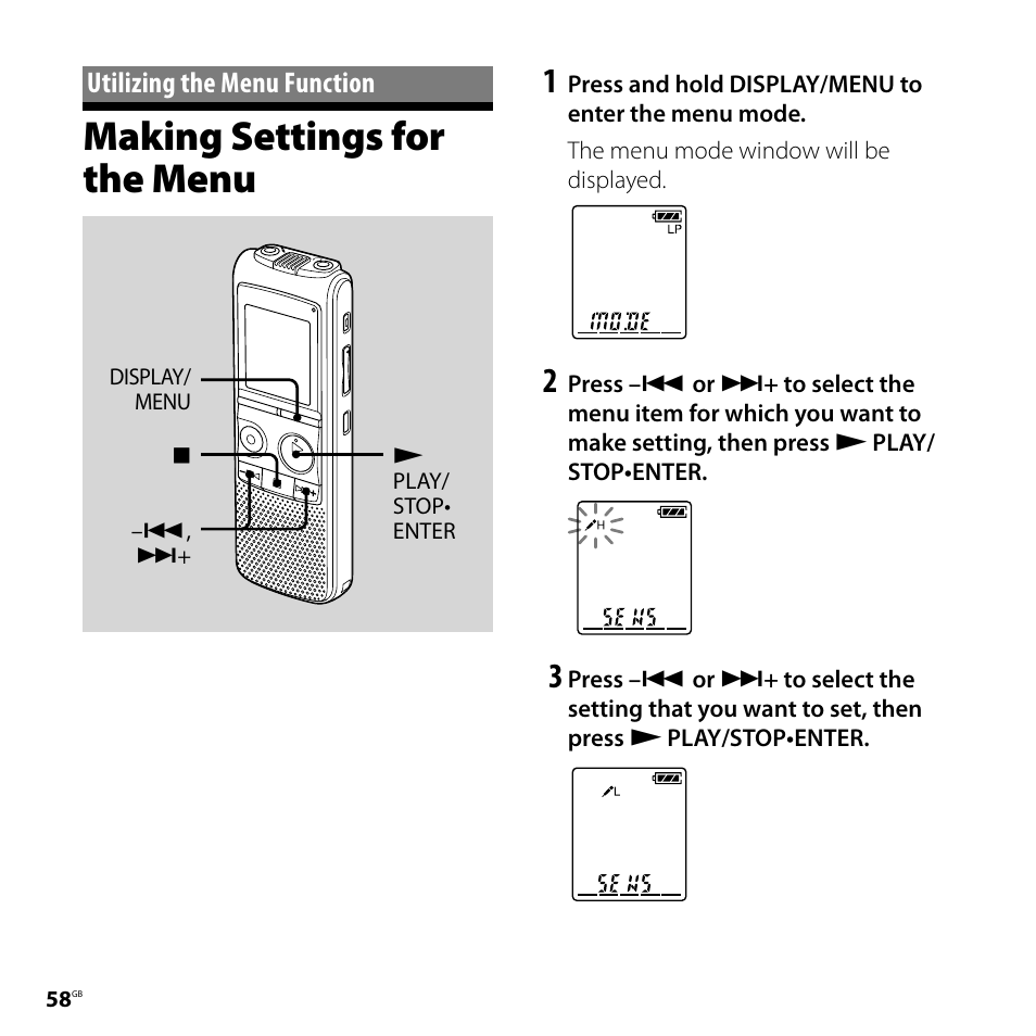 Utilizing the menu function, Making settings for the menu | Sony ICD-PX720 User Manual | Page 58 / 96