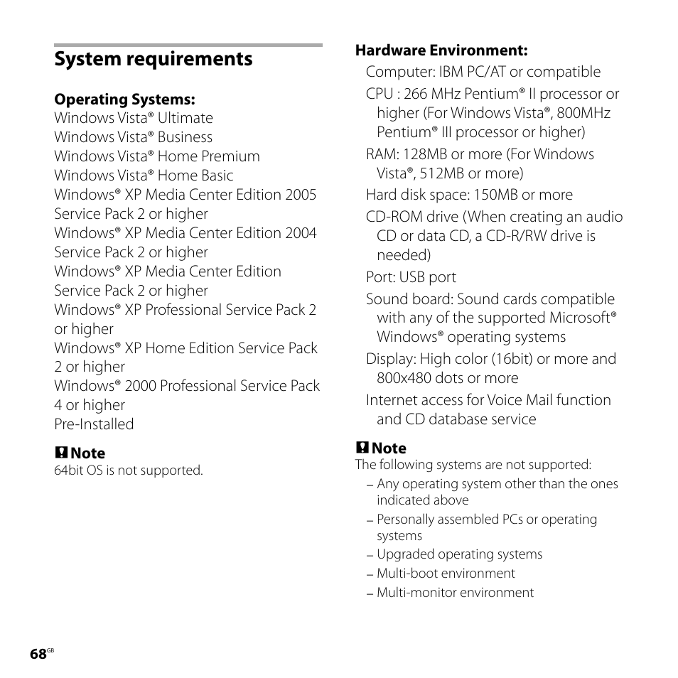 System requirements | Sony ICD-PX720 User Manual | Page 68 / 96