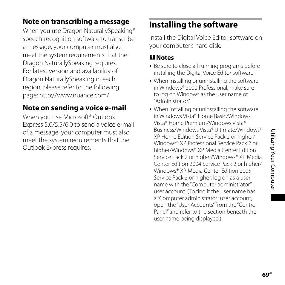 Installing the software | Sony ICD-PX720 User Manual | Page 69 / 96