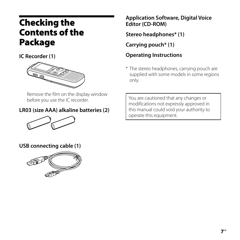 Checking the contents of the package, Checking the contents of, The package | Sony ICD-PX720 User Manual | Page 7 / 96