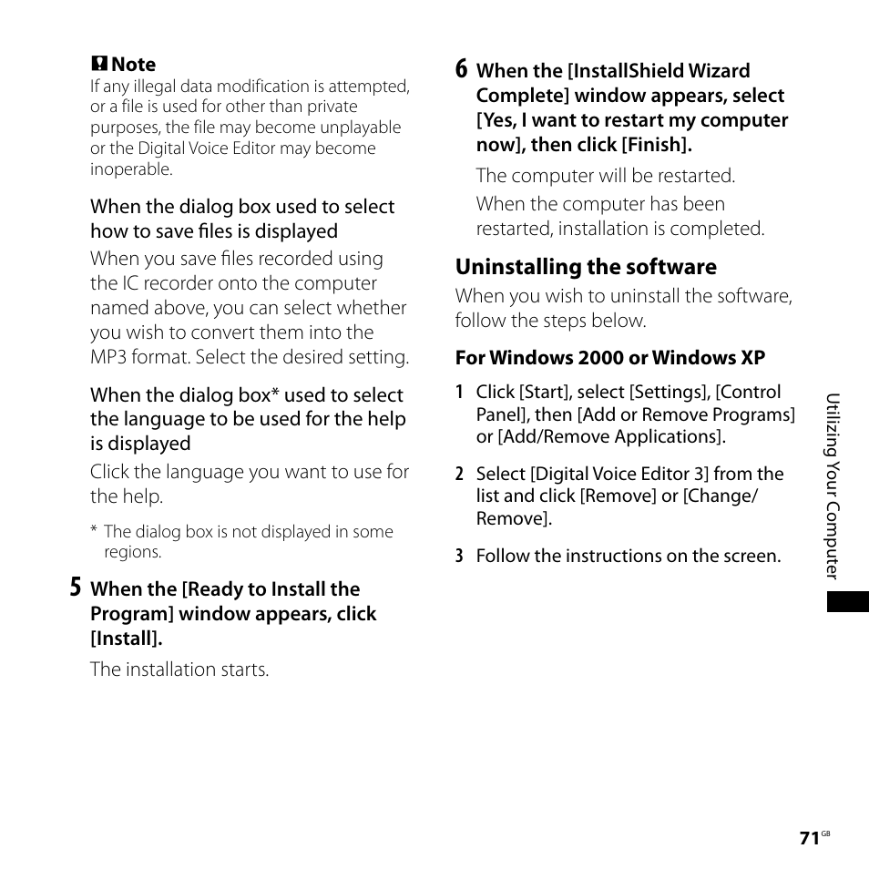 Uninstalling the software | Sony ICD-PX720 User Manual | Page 71 / 96