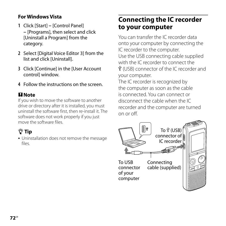 Connecting the ic recorder to your computer, Connecting the ic recorder to your, Computer | Sony ICD-PX720 User Manual | Page 72 / 96