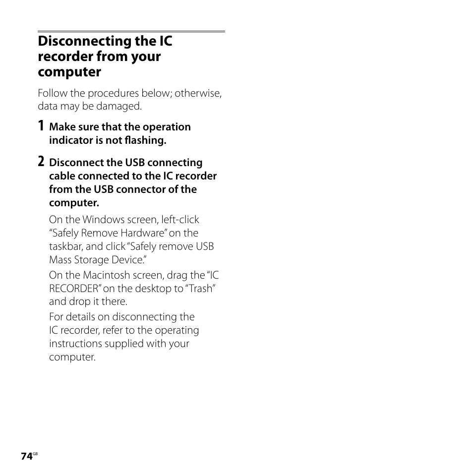 Disconnecting the ic recorder from your computer, Disconnecting the ic recorder from, Your computer | Sony ICD-PX720 User Manual | Page 74 / 96