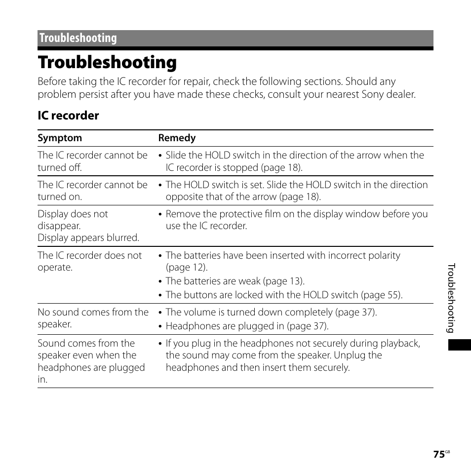 Troubleshooting, Ic recorder | Sony ICD-PX720 User Manual | Page 75 / 96