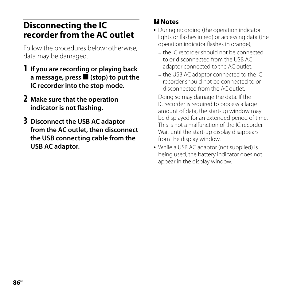 Disconnecting the ic recorder from the ac outlet, Disconnecting the ic recorder from, The ac outlet | Sony ICD-PX720 User Manual | Page 86 / 96