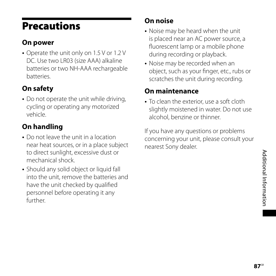 Precautions, On power, On safety | On handling, On noise, On maintenance | Sony ICD-PX720 User Manual | Page 87 / 96