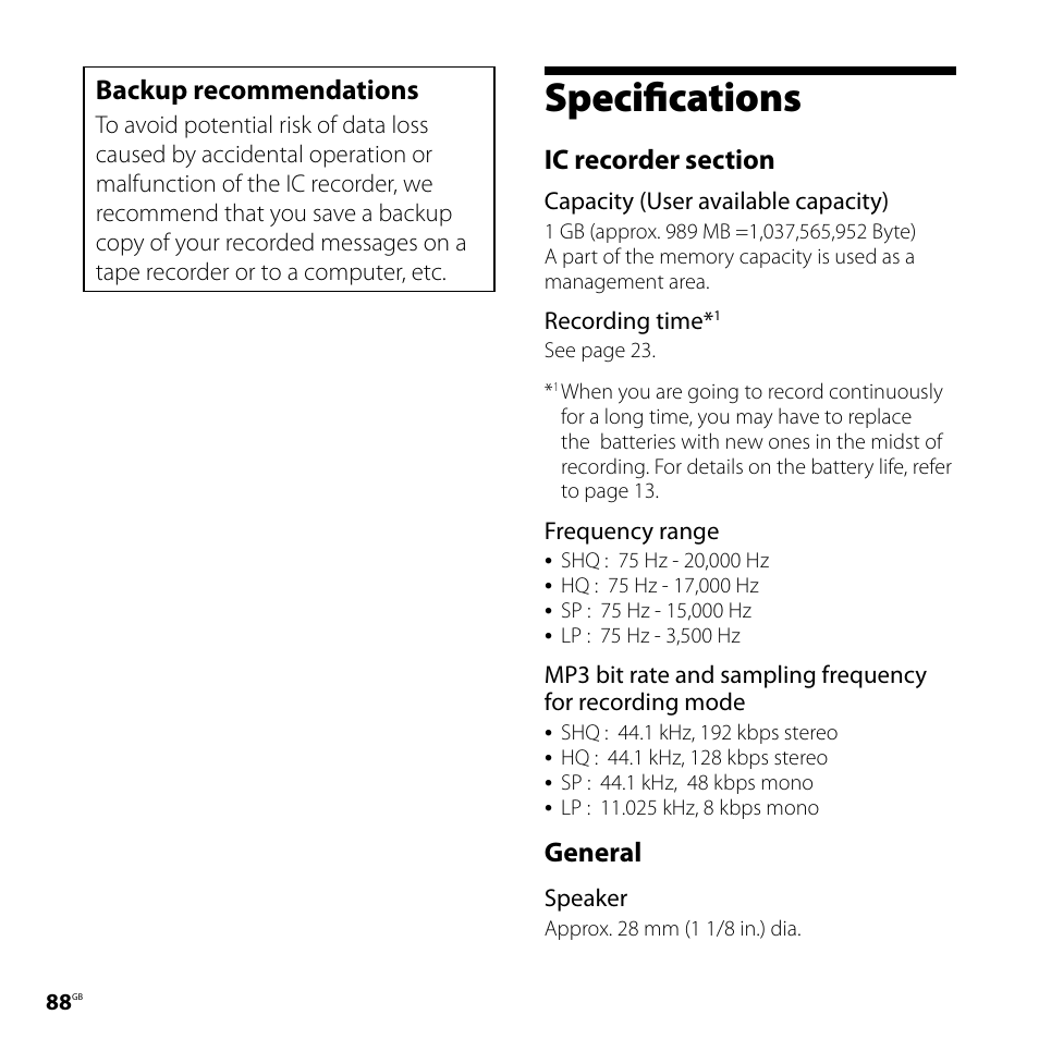 Specifications, Backup recommendations, General | Sony ICD-PX720 User Manual | Page 88 / 96