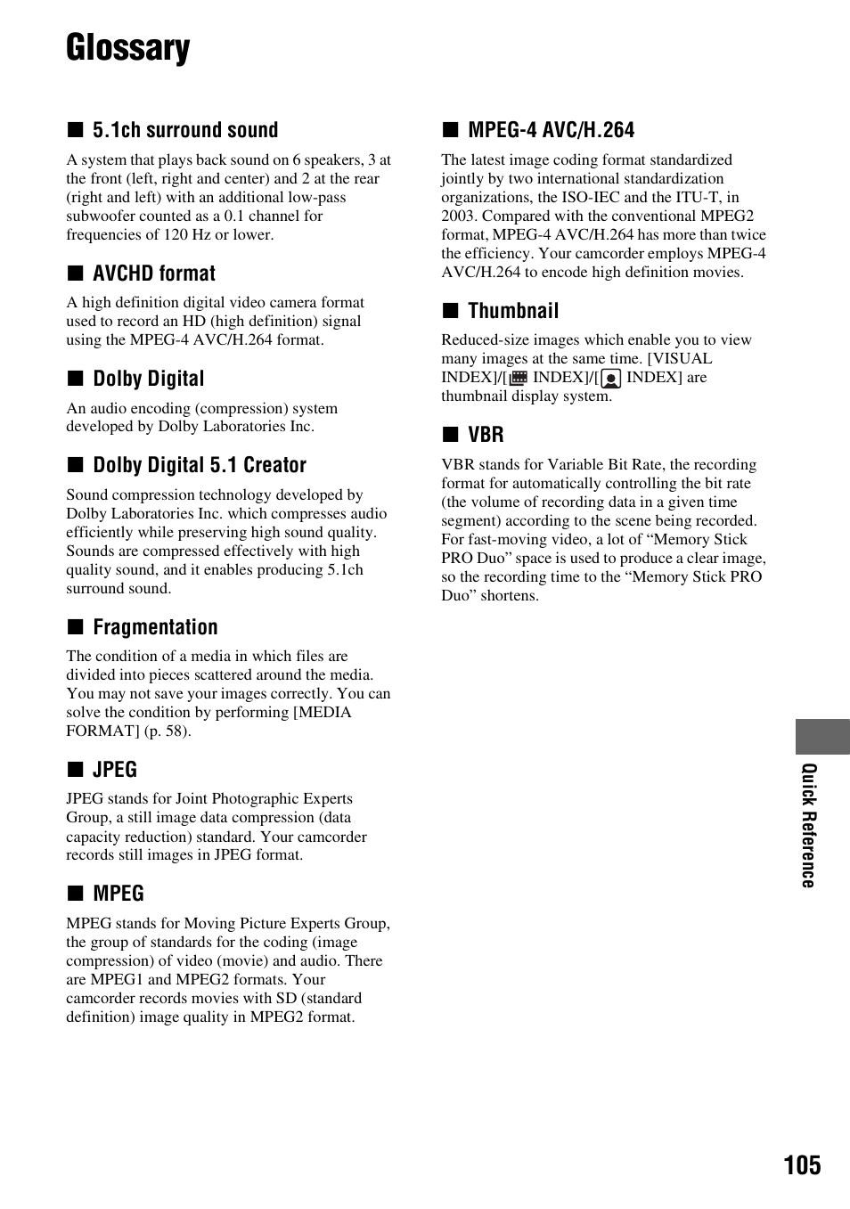 Glossary, P. 105), Glossary (p. 105) | Sony HDR-TG1 User Manual | Page 105 / 109