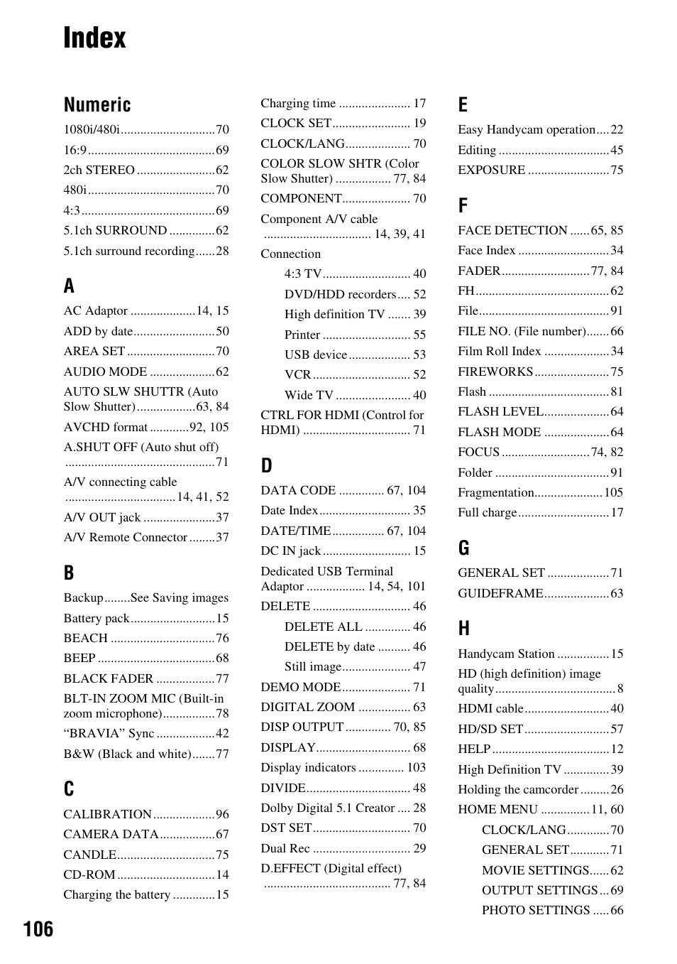 Index, Numeric | Sony HDR-TG1 User Manual | Page 106 / 109