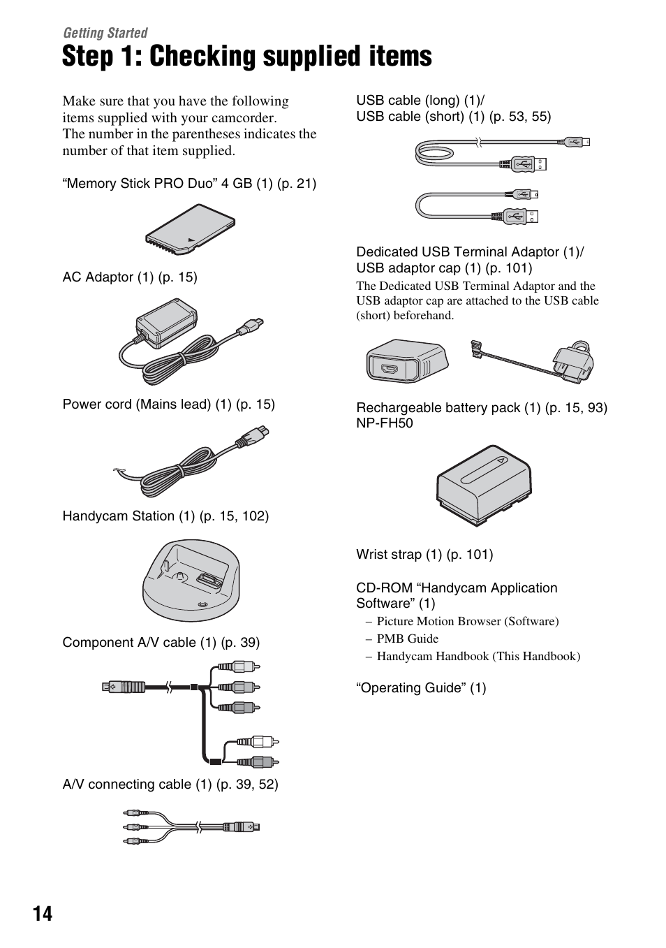 Getting started, Step 1: checking supplied items, Y (p. 14) | Sony HDR-TG1 User Manual | Page 14 / 109