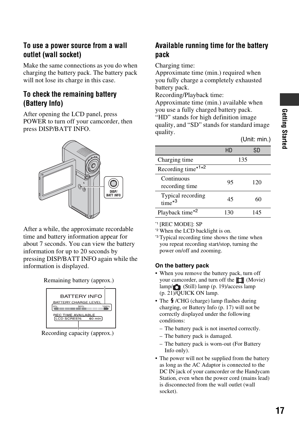 Available running time for the battery pack | Sony HDR-TG1 User Manual | Page 17 / 109