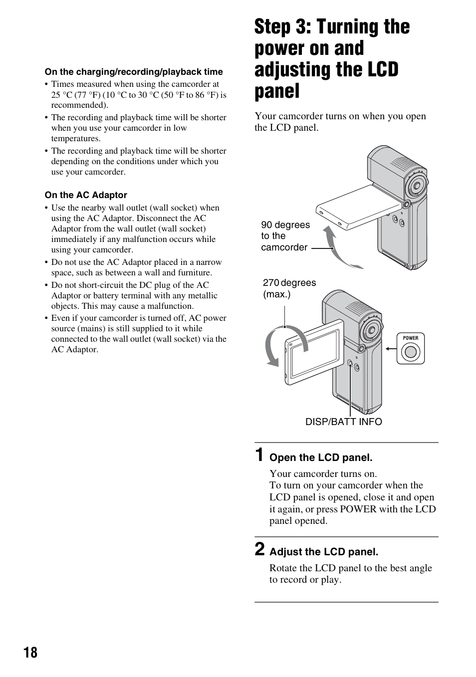Step 3: turning the power on and, Adjusting the lcd panel, P. 18) | Sony HDR-TG1 User Manual | Page 18 / 109
