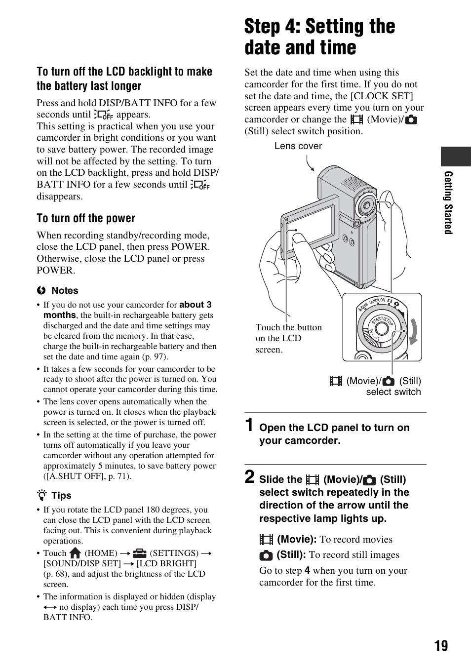 Step 4: setting the date and time, P. 19) | Sony HDR-TG1 User Manual | Page 19 / 109