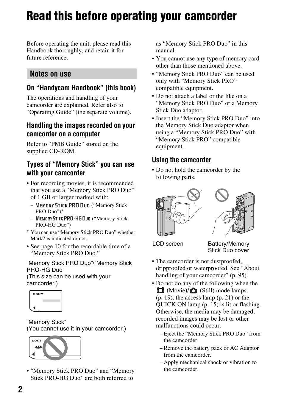 Read this before operating your camcorder | Sony HDR-TG1 User Manual | Page 2 / 109