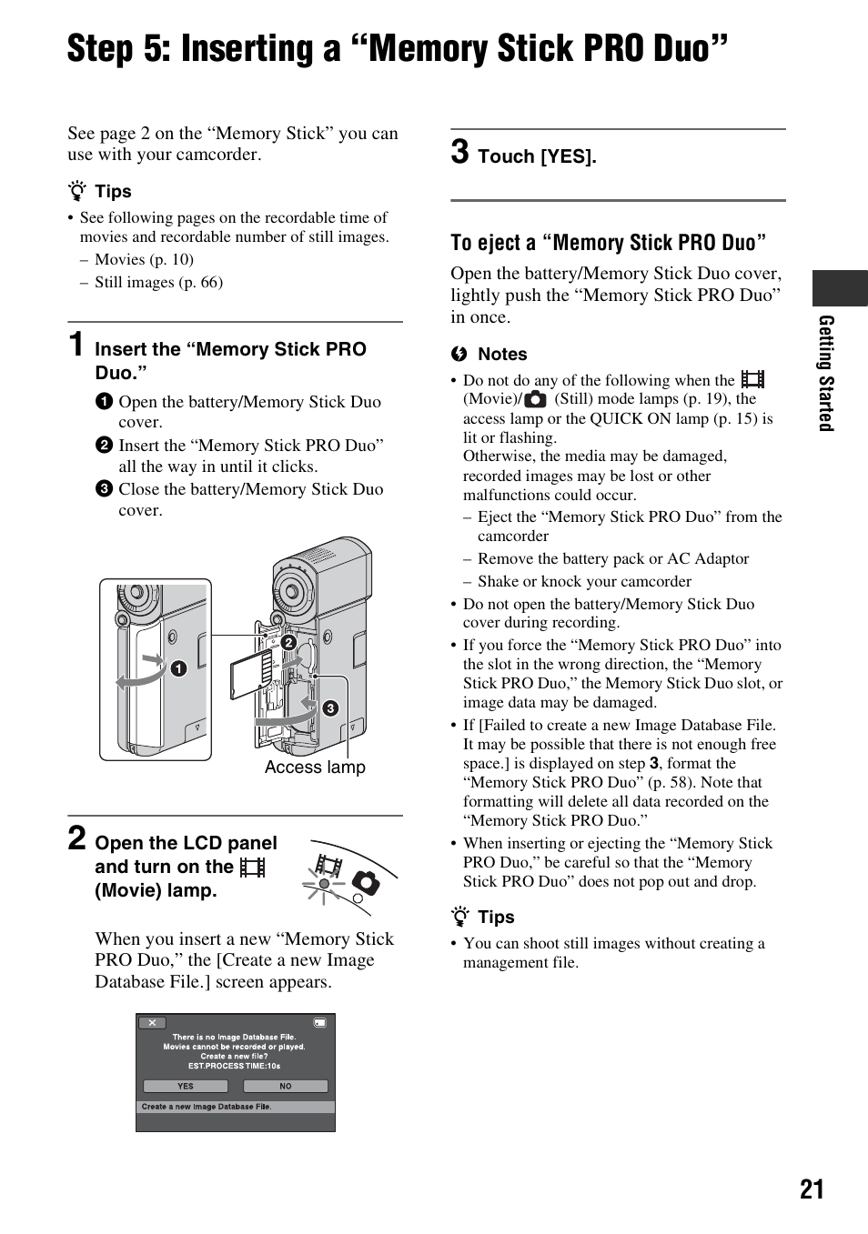 Step 5: inserting a “memory stick pro duo, P. 21), Step 5: inserting a “memory stick | Pro duo, 1) (p. 21) | Sony HDR-TG1 User Manual | Page 21 / 109