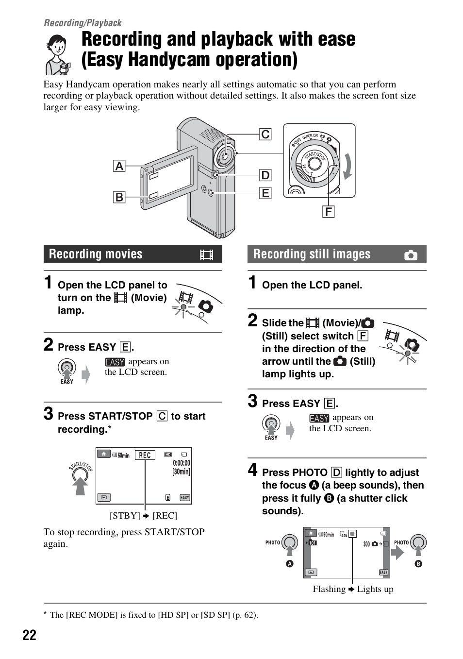 Recording/playback, Recording/playback 22, Recording and playback with ease | Easy handycam operation), P. 22) | Sony HDR-TG1 User Manual | Page 22 / 109
