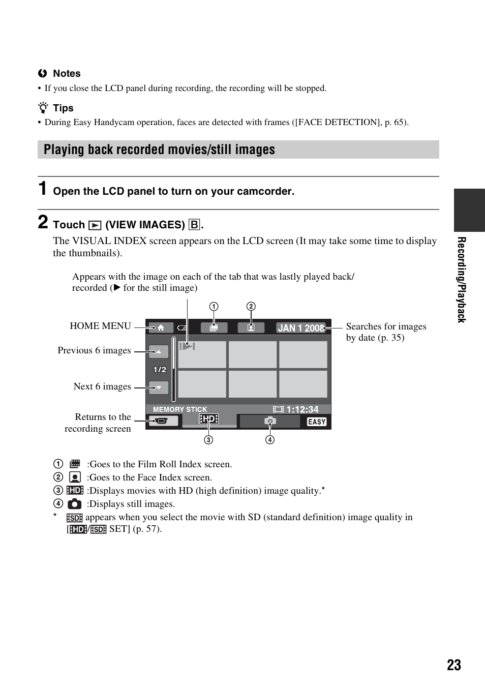 Playing back recorded movies/still images | Sony HDR-TG1 User Manual | Page 23 / 109