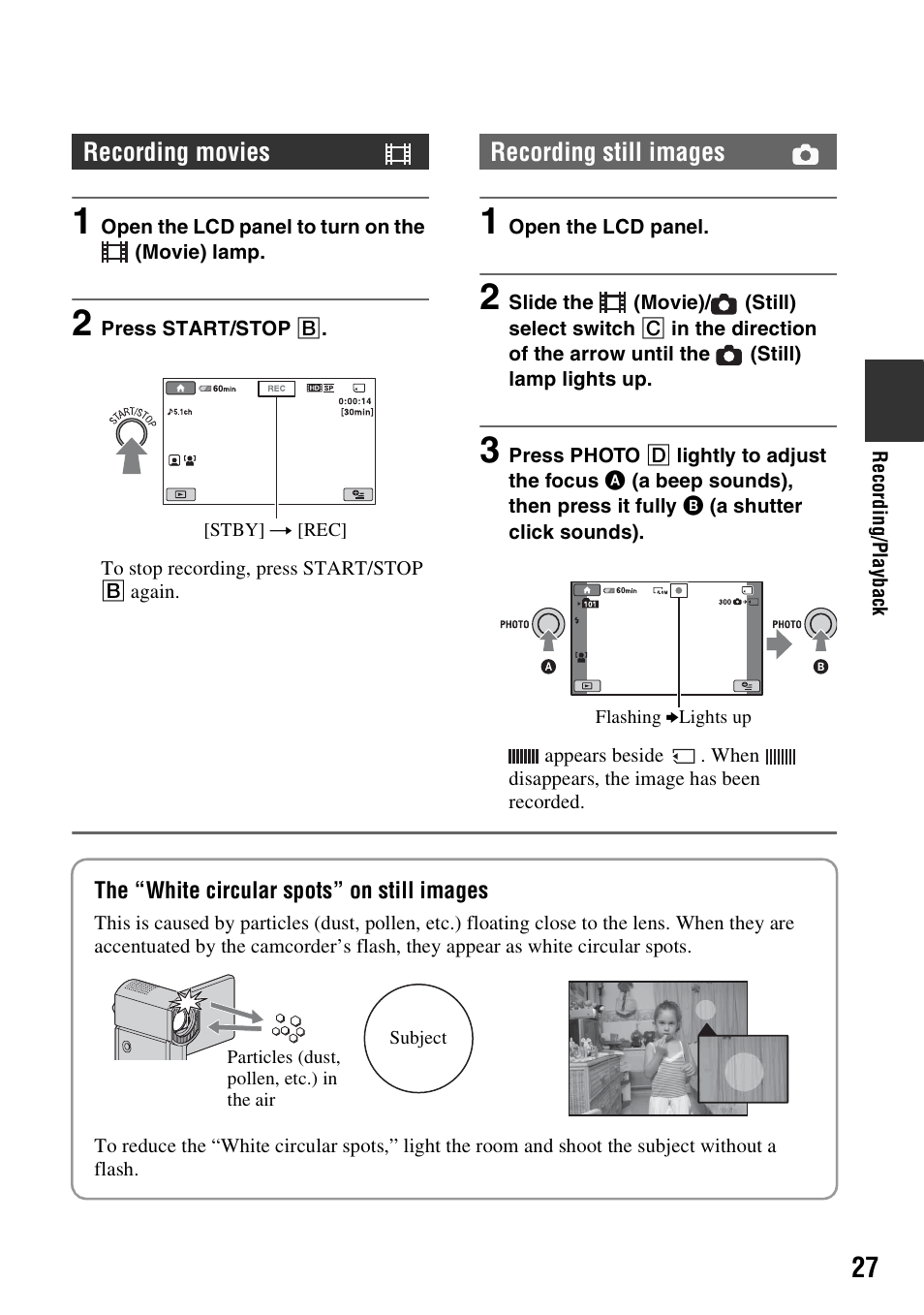 Recording movies, Recording still images | Sony HDR-TG1 User Manual | Page 27 / 109