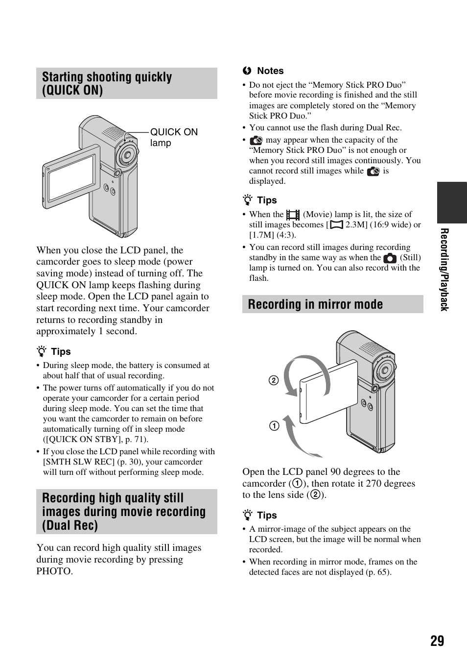 Starting shooting quickly (quick on), Recording in mirror mode, P. 29 | P. 29) | Sony HDR-TG1 User Manual | Page 29 / 109