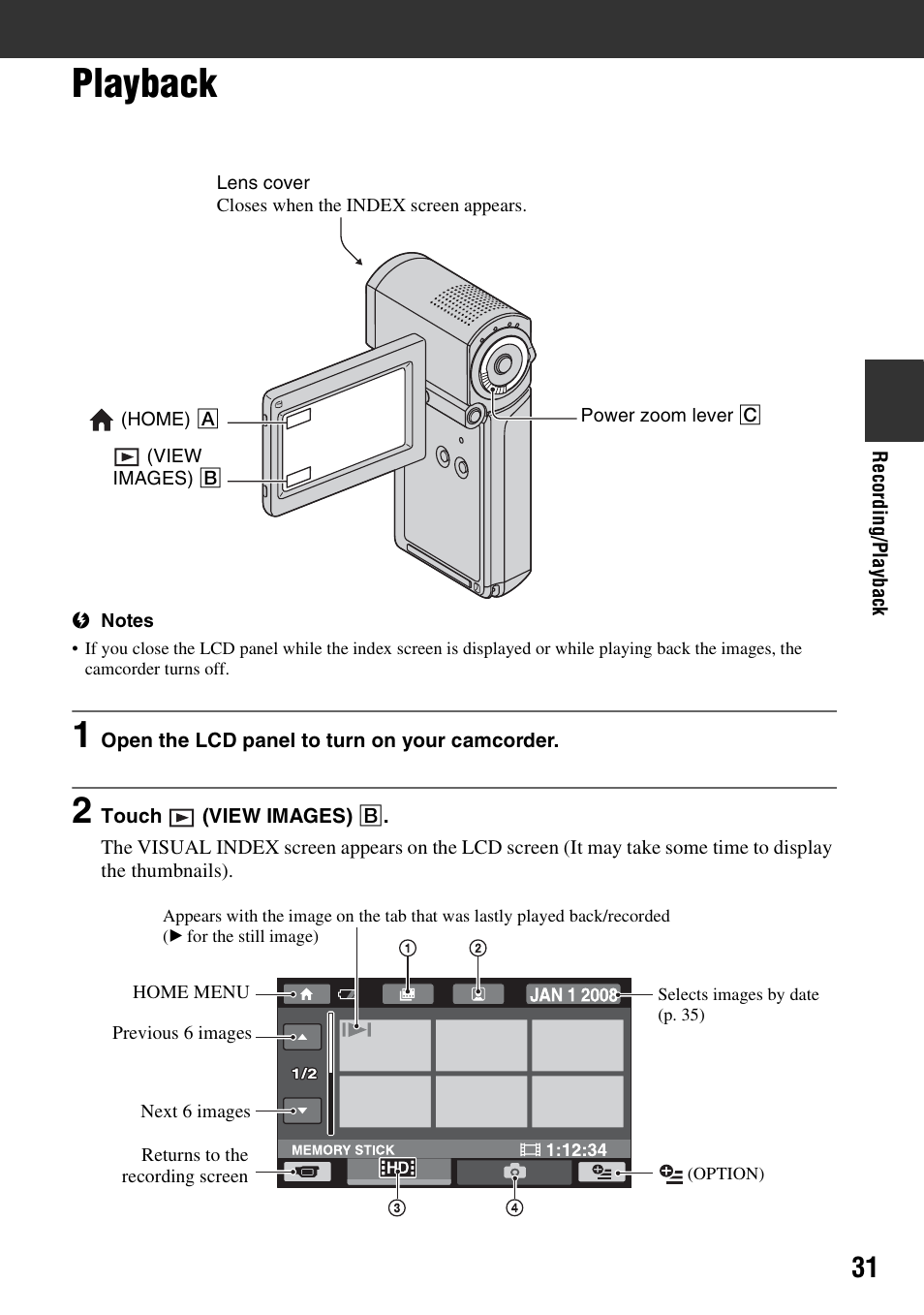 Playback, P. 31) | Sony HDR-TG1 User Manual | Page 31 / 109