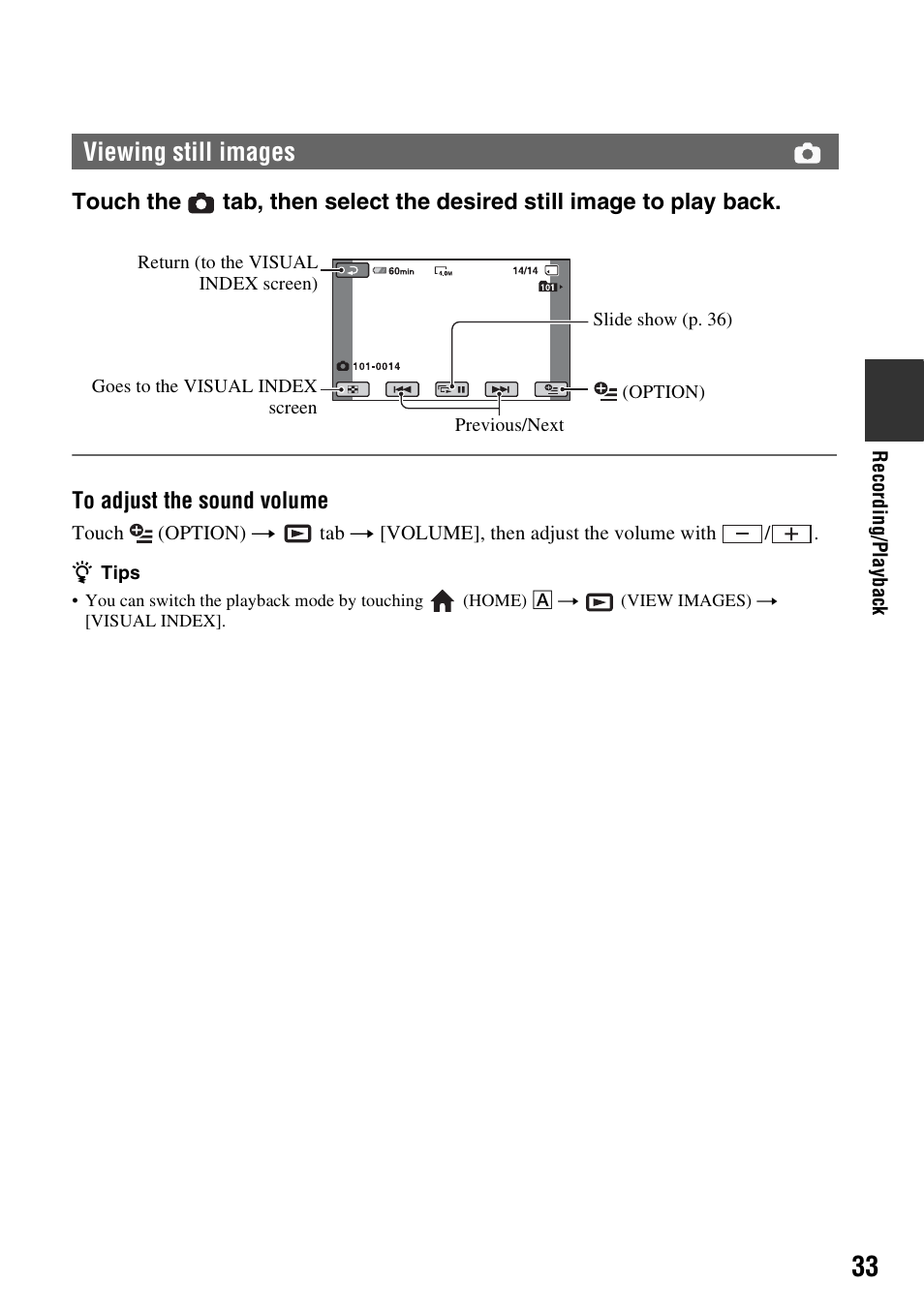 Viewing still images | Sony HDR-TG1 User Manual | Page 33 / 109
