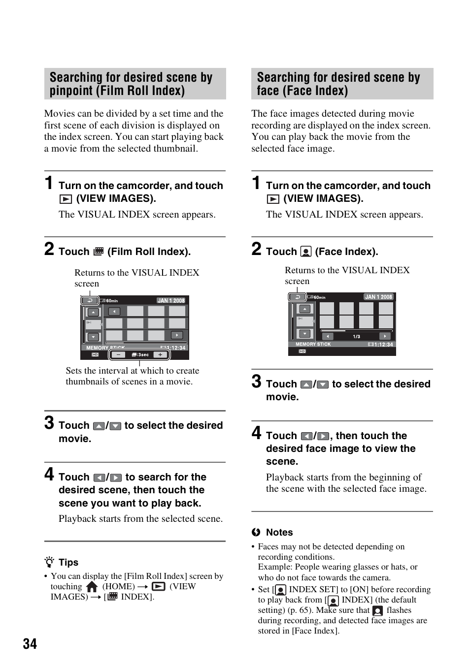 Searching for desired scene by face (face index), P. 34) | Sony HDR-TG1 User Manual | Page 34 / 109