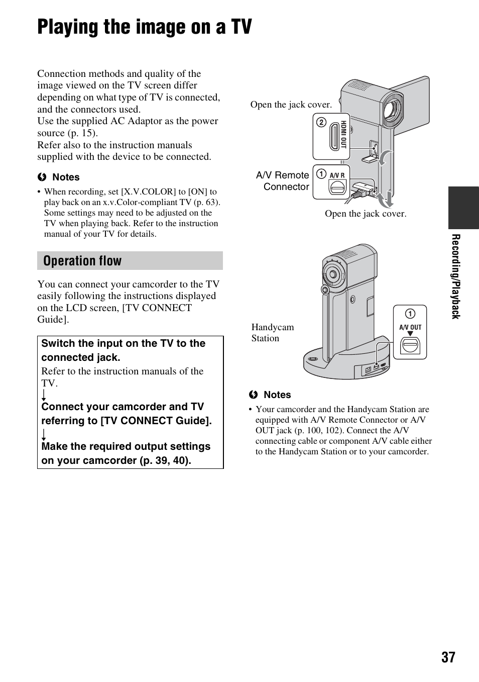 Playing the image on a tv, Operation flow | Sony HDR-TG1 User Manual | Page 37 / 109