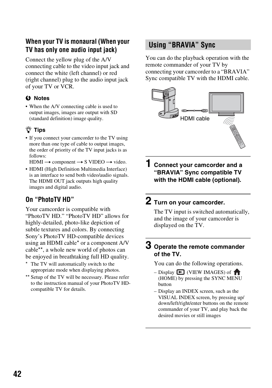 Using “bravia” sync | Sony HDR-TG1 User Manual | Page 42 / 109