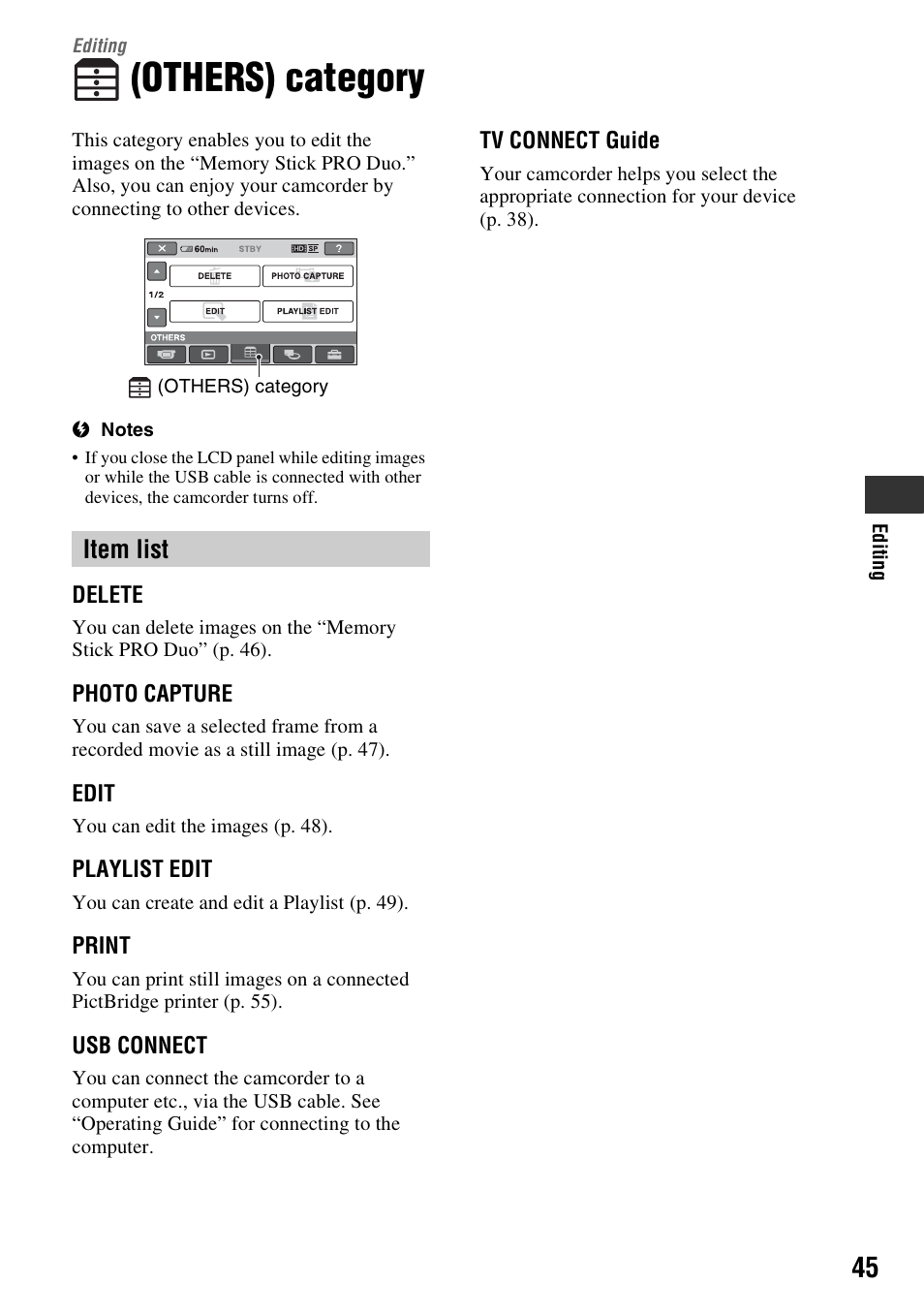 Editing, Others) category, Item list | Sony HDR-TG1 User Manual | Page 45 / 109