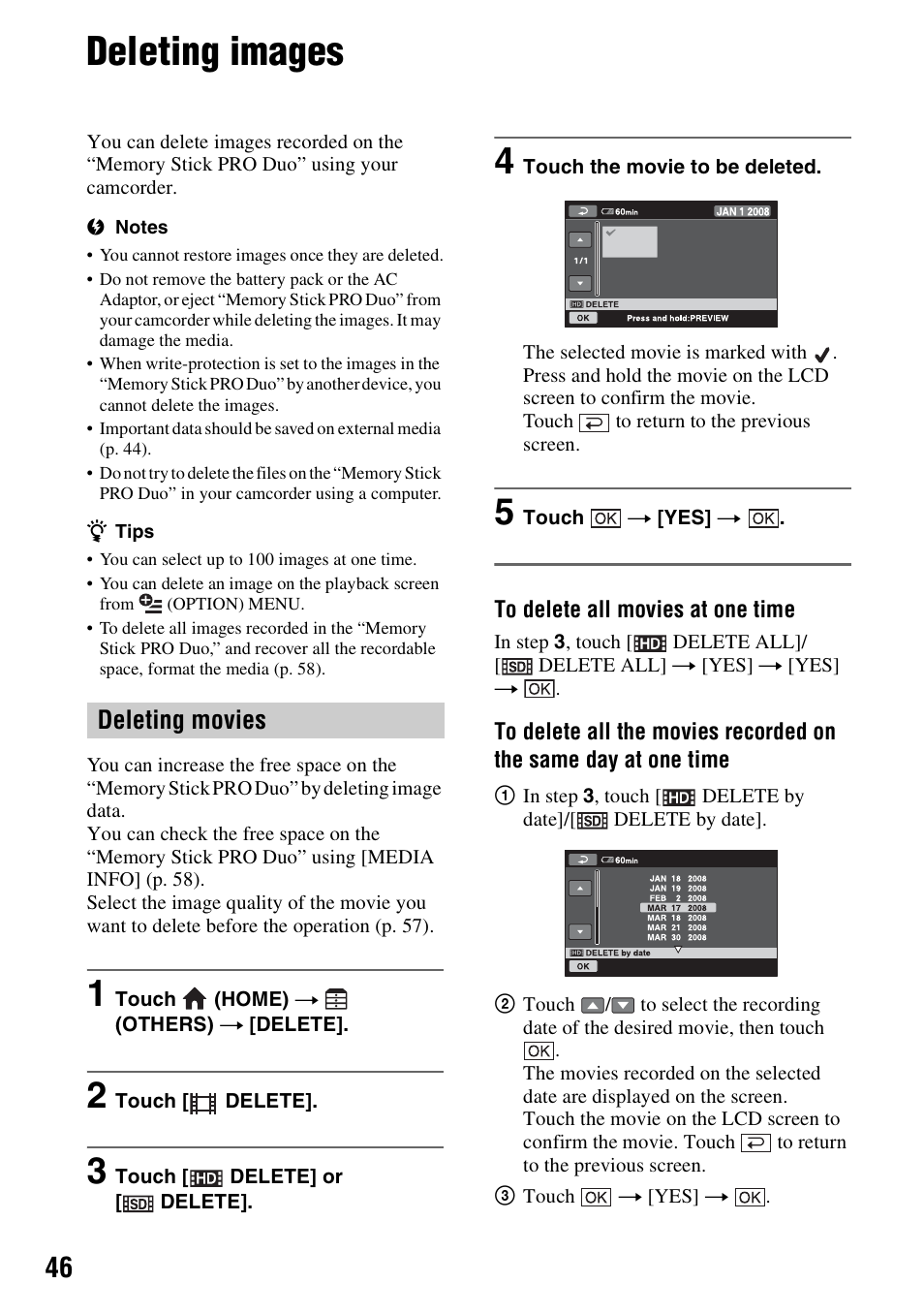 Deleting images, P. 46, P. 46) | Deleting movies | Sony HDR-TG1 User Manual | Page 46 / 109