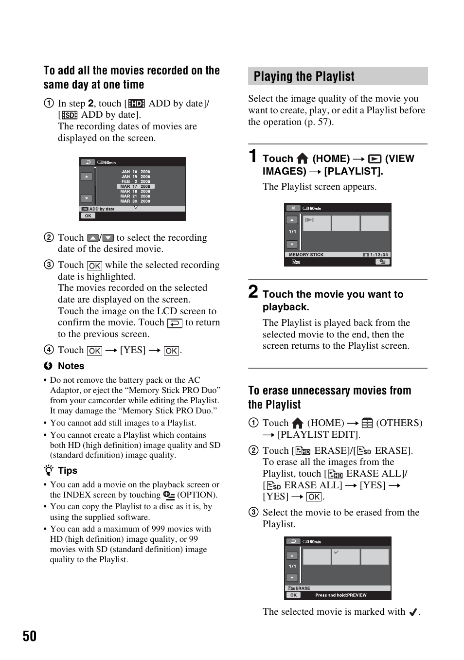Playing the playlist | Sony HDR-TG1 User Manual | Page 50 / 109