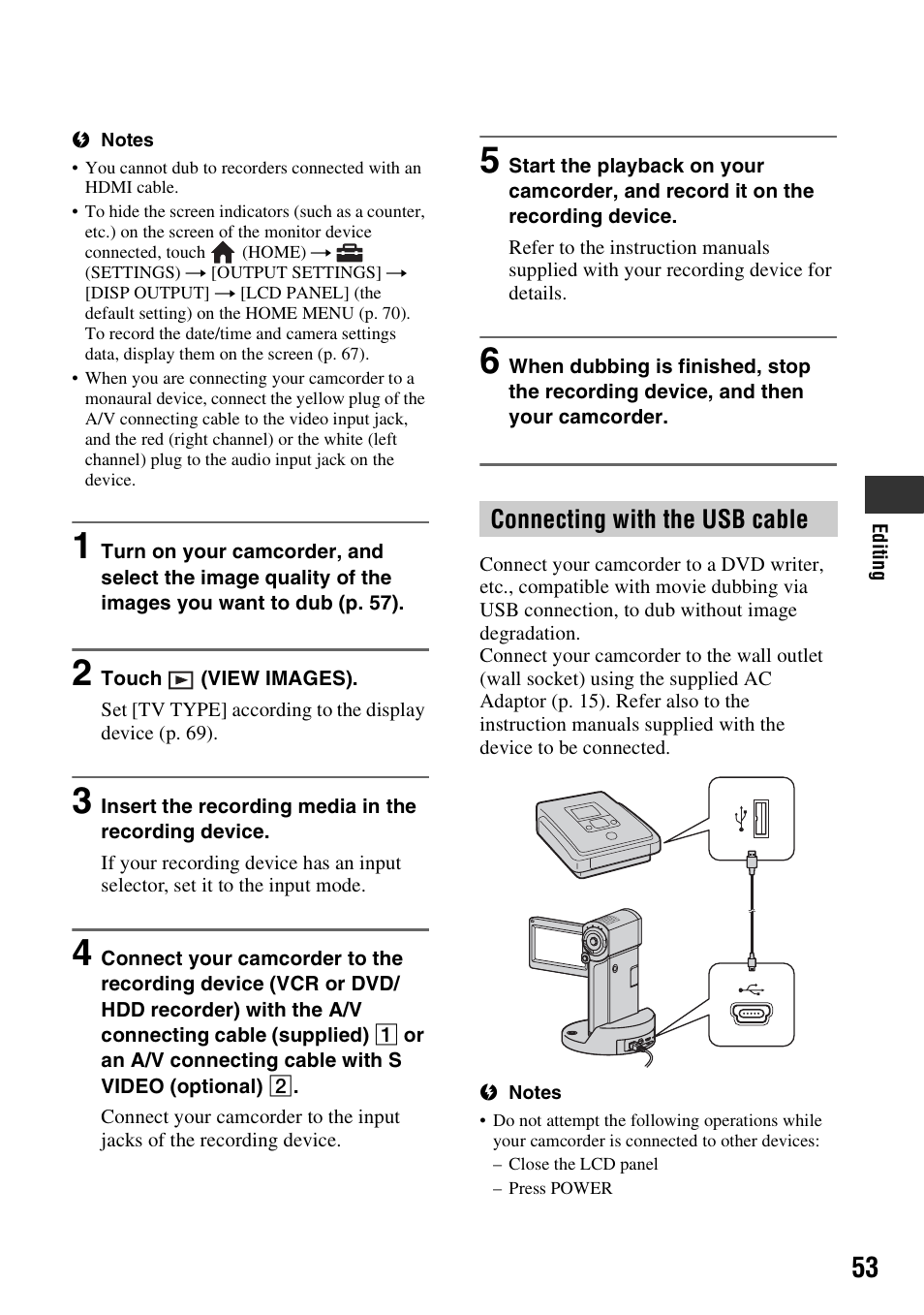 P. 53, Connecting with the usb cable | Sony HDR-TG1 User Manual | Page 53 / 109