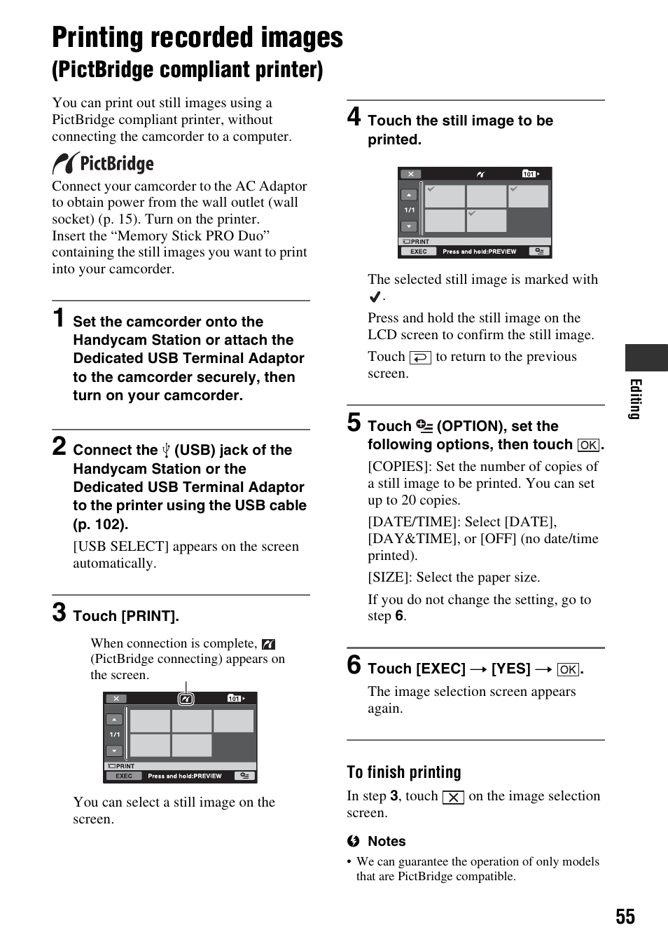 Printing recorded images, Pictbridge compliant printer), R (p. 55) | Sony HDR-TG1 User Manual | Page 55 / 109