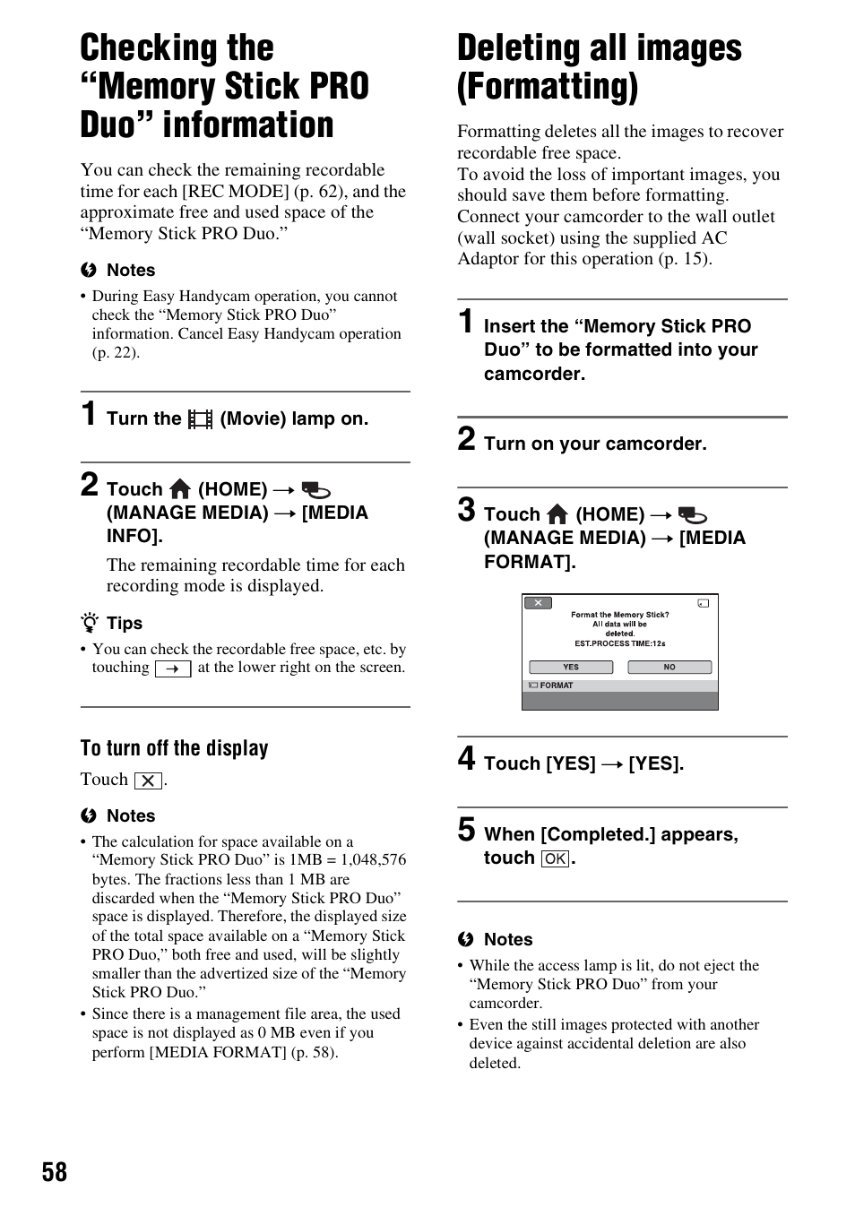 Checking the “memory stick pro duo” information, Deleting all images (formatting), P. 58) | Checking the “memory stick pro, Duo” information, P. 58 | Sony HDR-TG1 User Manual | Page 58 / 109