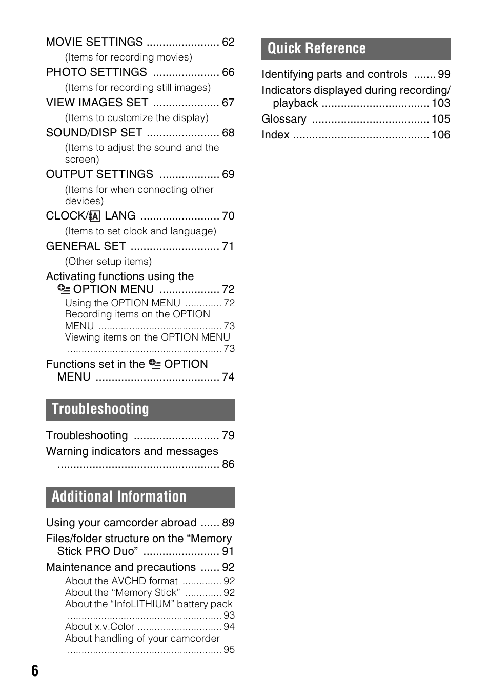 Sony HDR-TG1 User Manual | Page 6 / 109