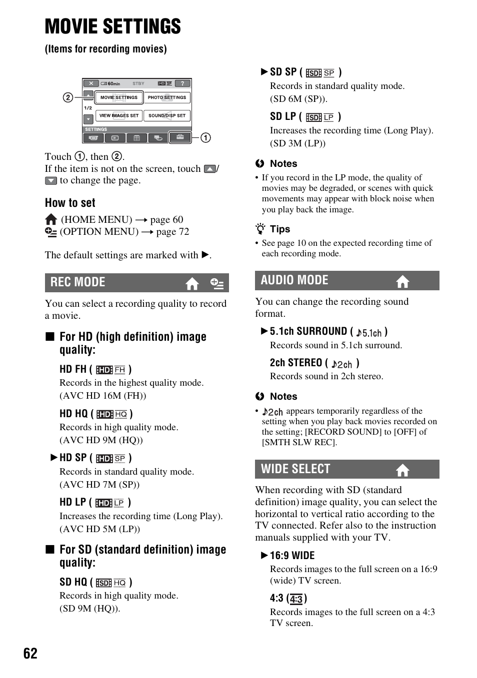 Movie settings, Items for recording movies), 60i” (p. 62) | P. 62), Rec mode, Audio mode wide select | Sony HDR-TG1 User Manual | Page 62 / 109