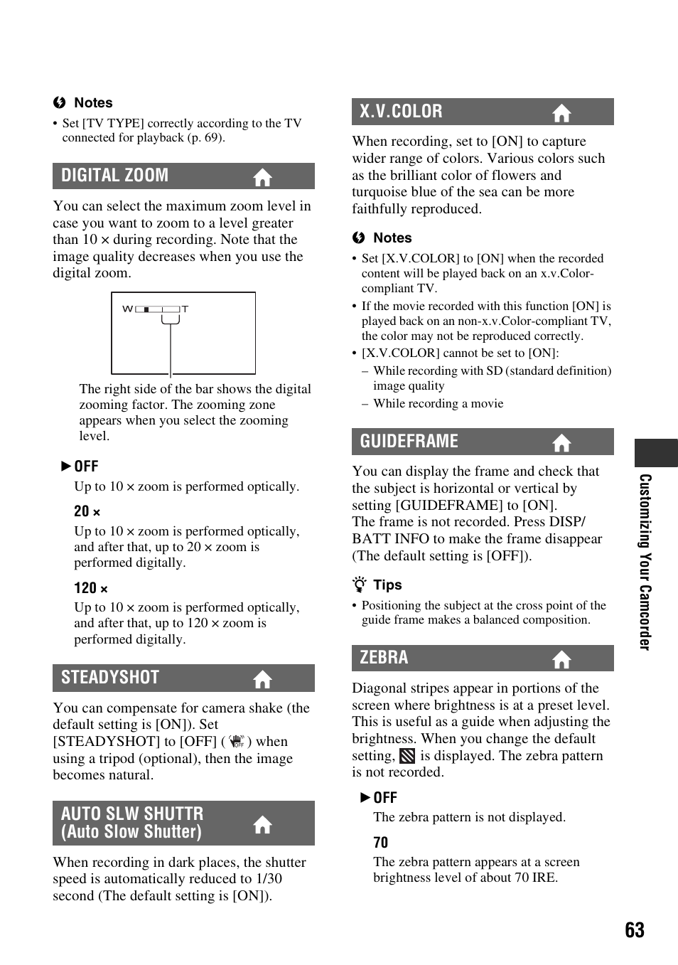 P. 63, P. 63), X.v.color guideframe zebra | Sony HDR-TG1 User Manual | Page 63 / 109