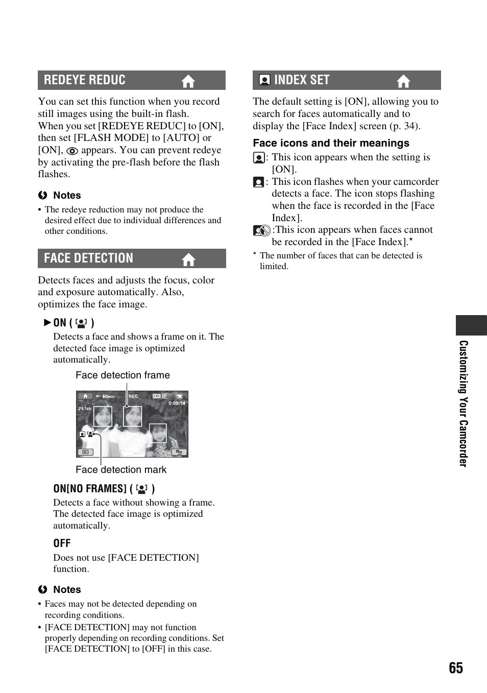 P. 65), Redeye reduc face detection, Index set | Sony HDR-TG1 User Manual | Page 65 / 109