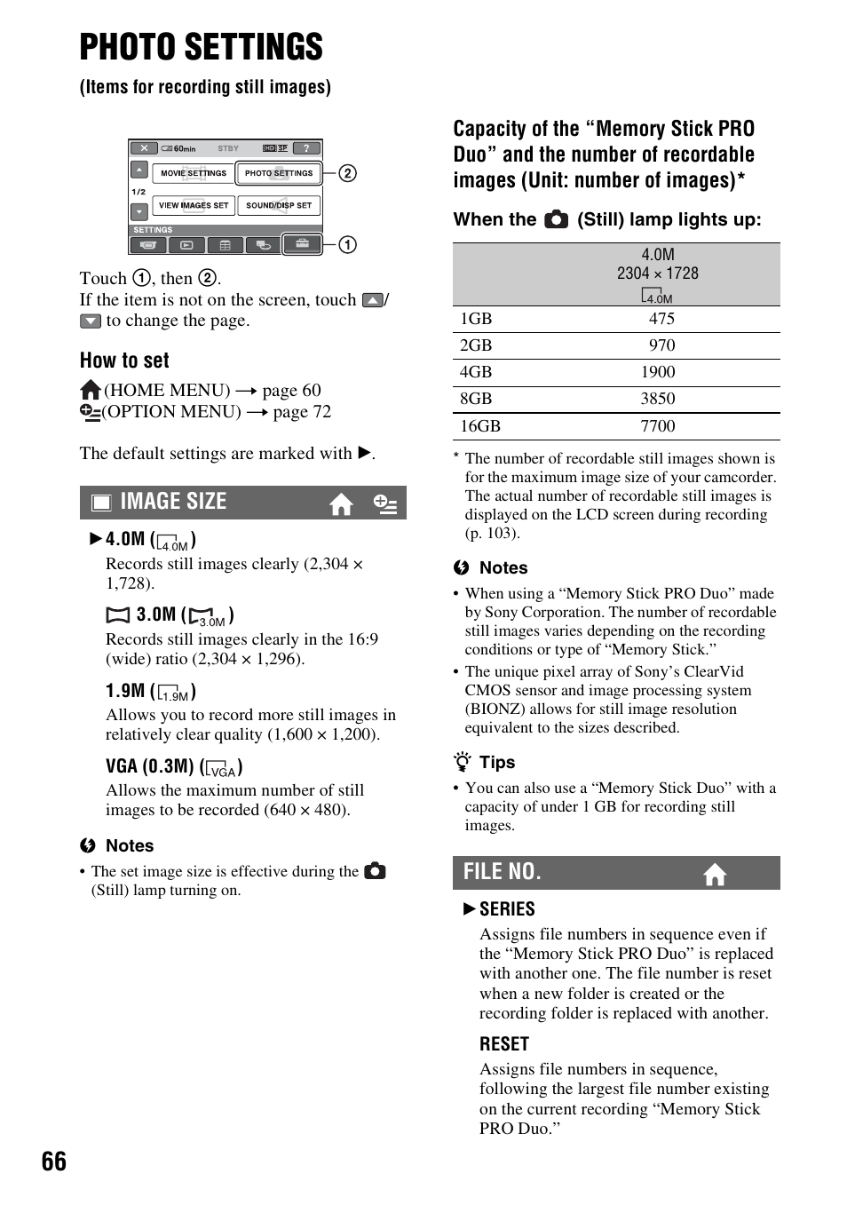 Photo settings, Items for recording still images), P. 66 | P. 66), Image size, File no | Sony HDR-TG1 User Manual | Page 66 / 109