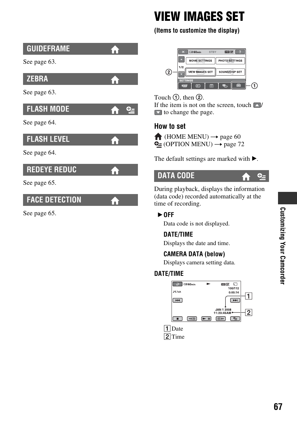 View images set, Items to customize the display), P. 67) | T (p. 67) | Sony HDR-TG1 User Manual | Page 67 / 109